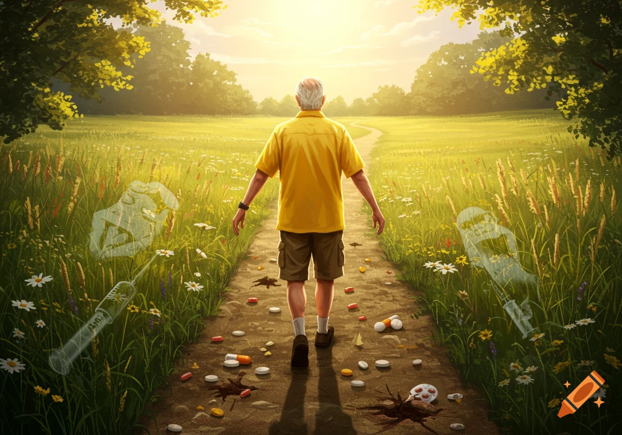 An older man in a yellow shirt walks down a sunny path, leaving scattered pills and syringes behind in a green field, an illustration.