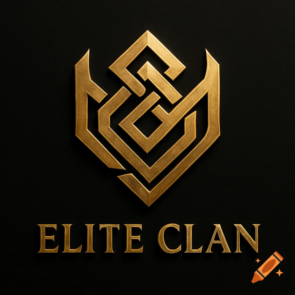A gold geometric logo above the text "ELITE CLAN" on a black background, with a metallic embossed effect.