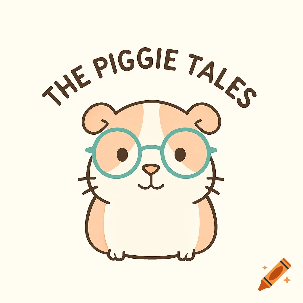 A minimalist cartoon logo featuring a cute guinea pig with teal glasses, with the text 'THE PIGGIE TALES' arched above it.