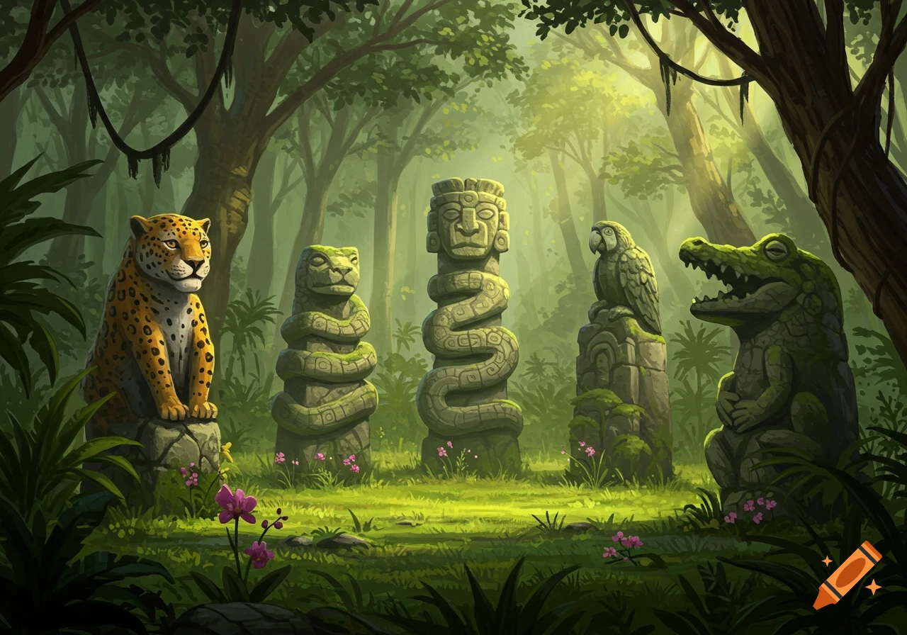 Detailed illustration of ancient, moss-covered animal totems in a sunlit jungle clearing, including a jaguar, serpent, and crocodile.