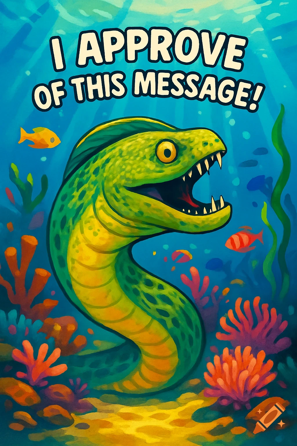 Cartoon moray eel in an underwater scene with coral and fish, with text "I approve of this message!"