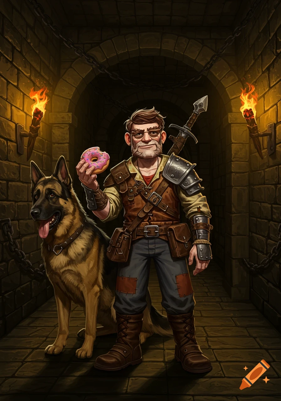 A cartoon-style dungeon crawler adventurer with a sword on his back, holding a pink donut, stands beside a German Shepherd in a torch-lit dungeon.