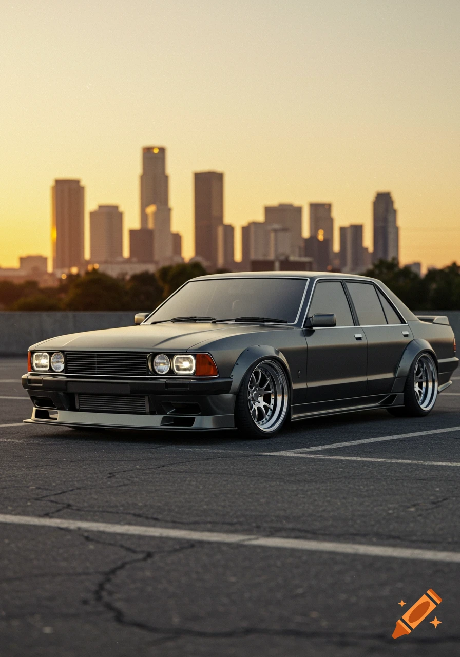 A dark grey widebody U.S. Ford Granada with chrome wheels parked on asphalt against a sunset cityscape.