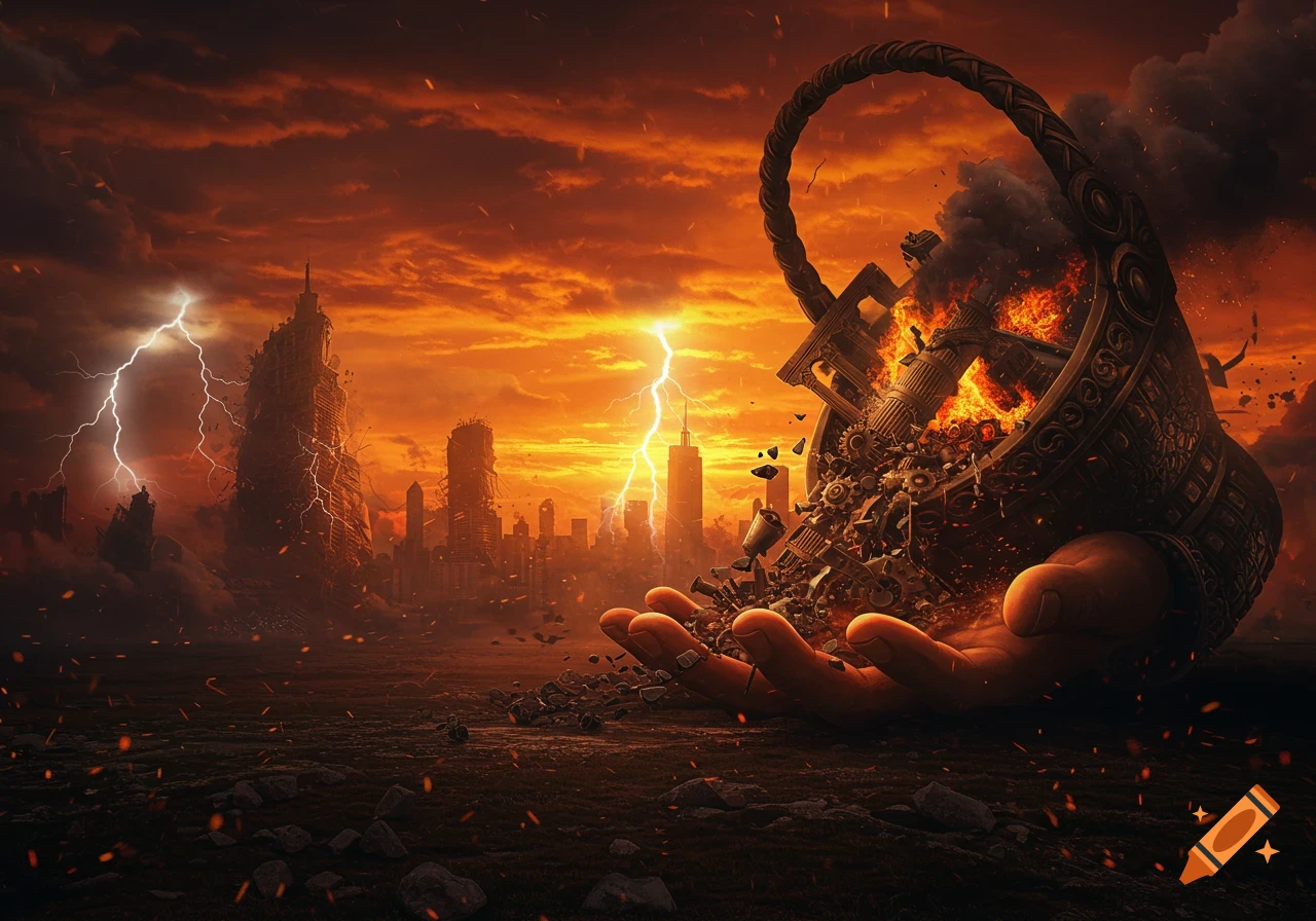Giant hand holding a burning, collapsing basket over a destroyed city under a fiery, lightning-filled apocalyptic sky.