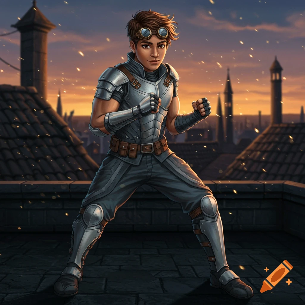 An illustration of a young man in light armor and goggles in a martial arts pose on a rooftop at dusk.