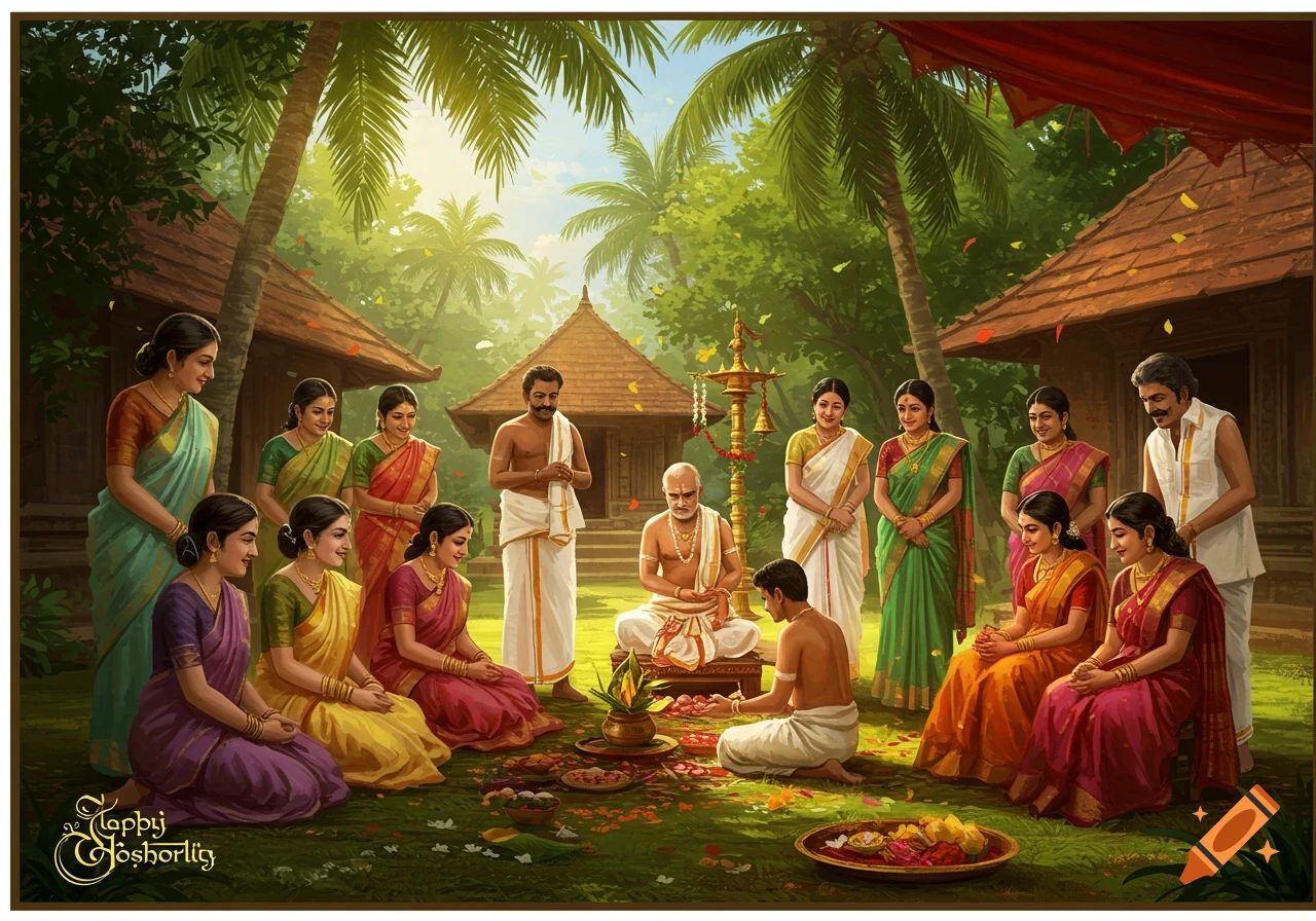 A vibrant traditional Indian naming ceremony in Kerala, with families in colorful attire in a lush outdoor setting.