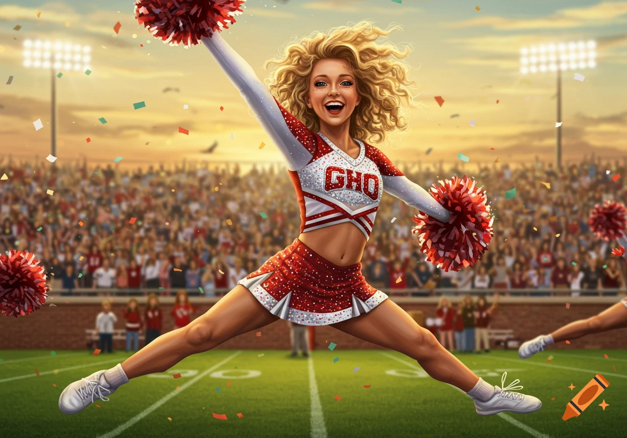 A smiling blonde cheerleader in a red and white uniform jumps with pom-poms on a football field with a crowd.