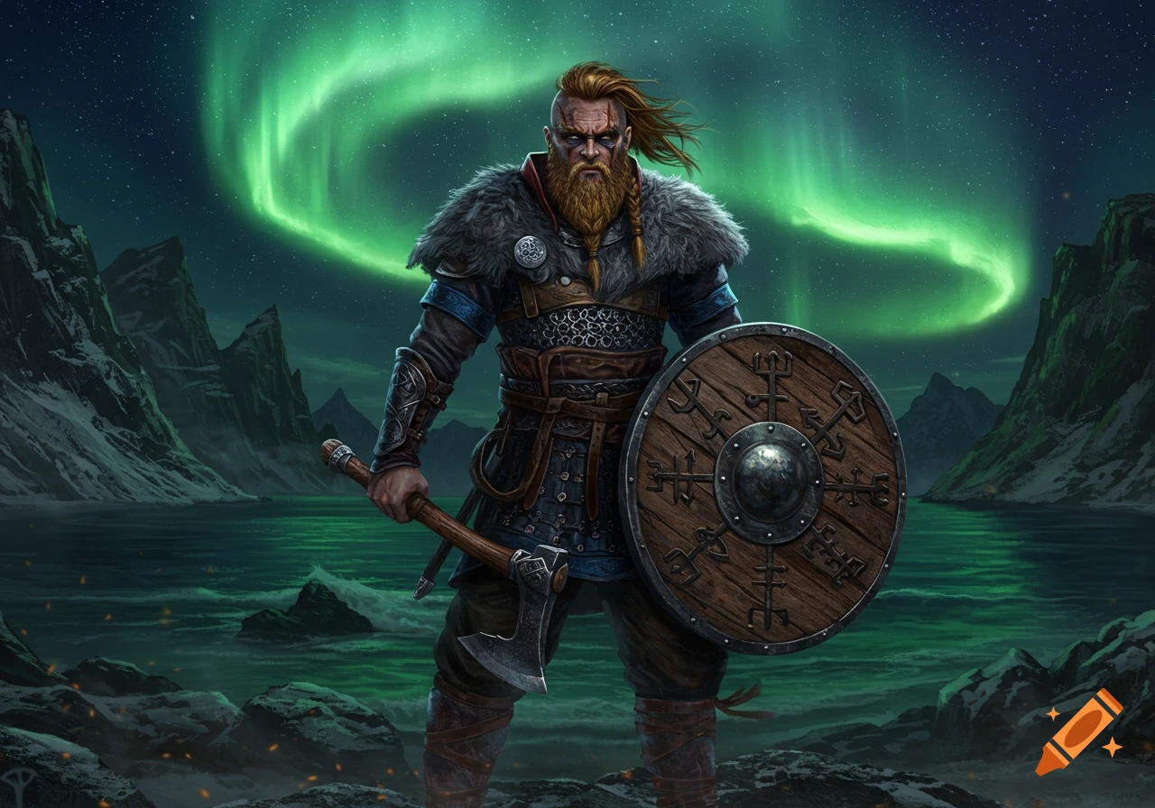 A realistic digital art depiction of a bearded Viking warrior in armor, holding an axe and shield, under a vibrant aurora borealis.