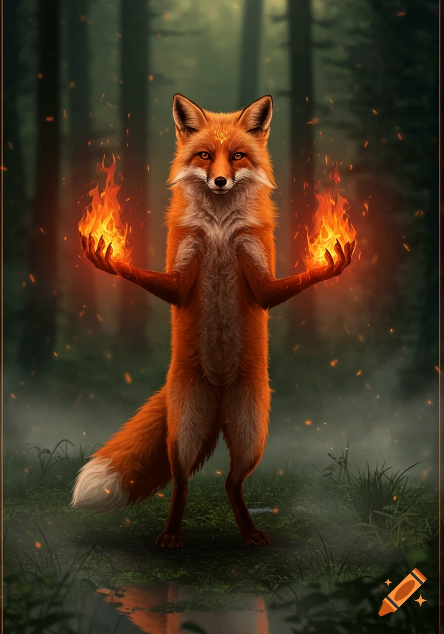 A majestic fox stands on its hind legs in a forest, holding balls of fire in its glowing hands, with a mystical symbol on its forehead.