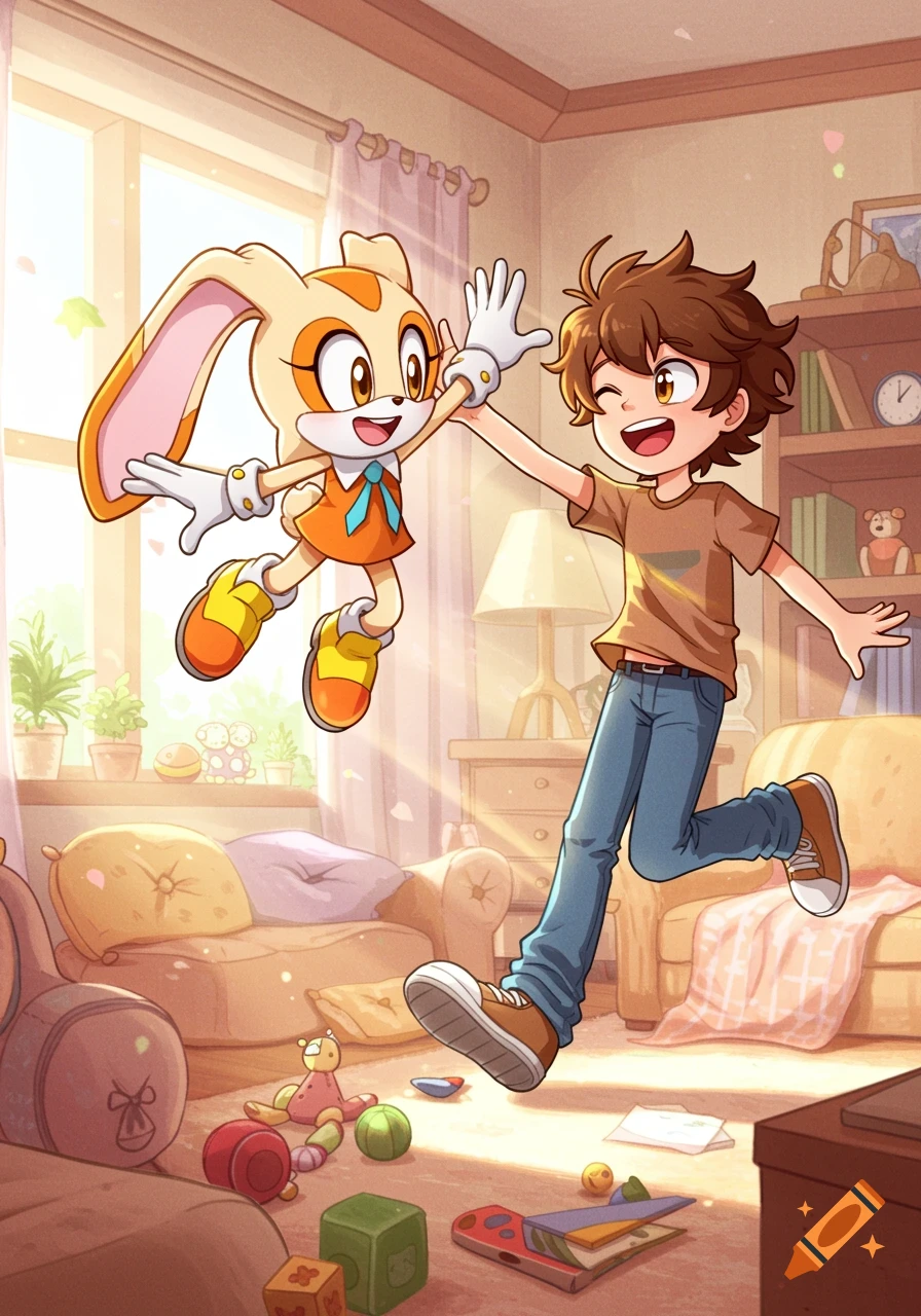 Cream the Rabbit and a brown-haired boy high-fiving in a sunlit living room, surrounded by toys, in an anime style.