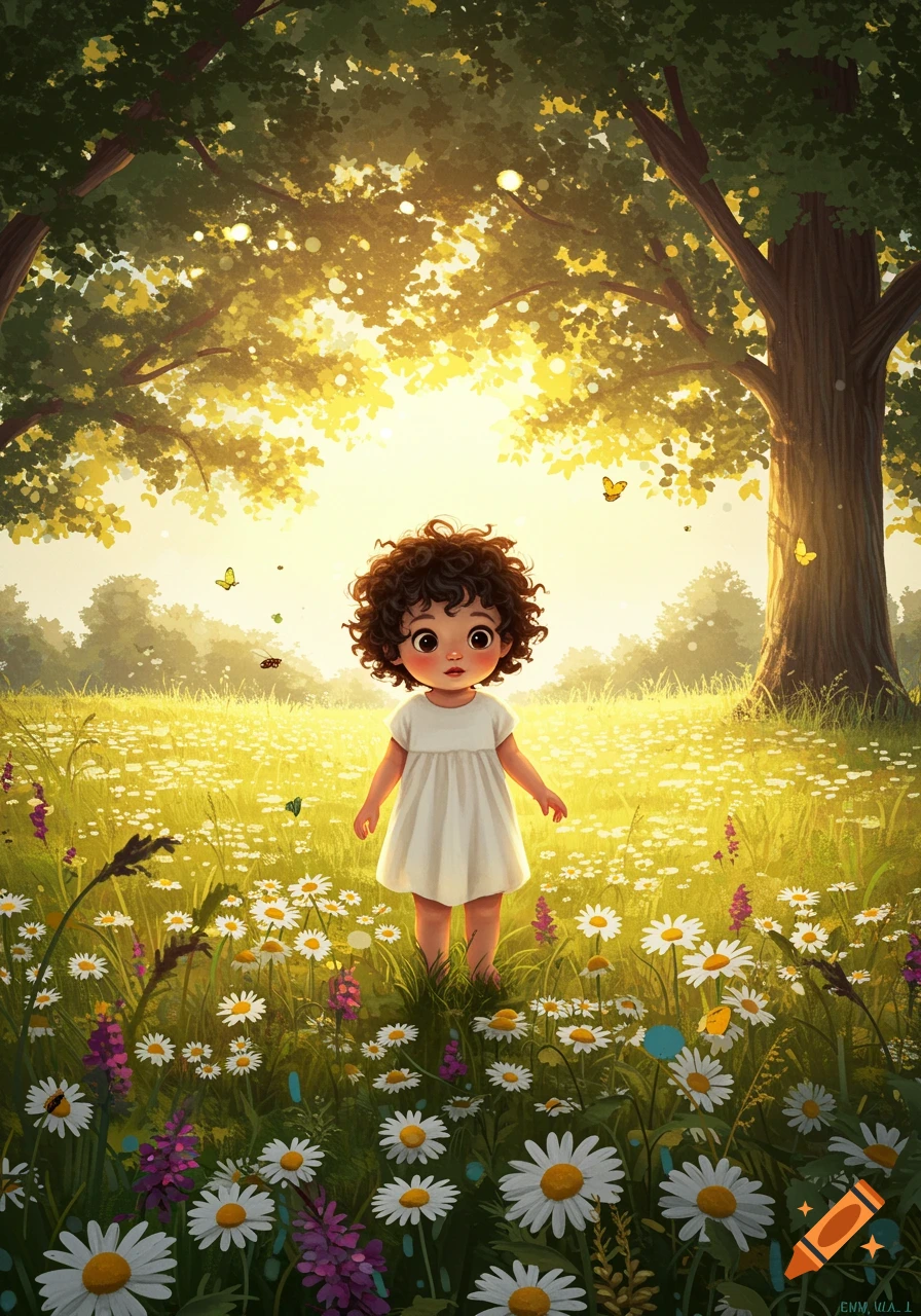 A whimsical illustration of a small child with curly hair in a sunny meadow filled with white and purple flowers, surrounded by trees and butterflies.