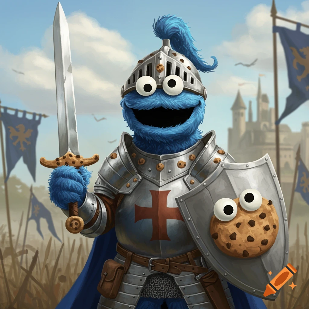 Cookie Monster as a medieval knight in shining armor, wielding a sword and a shield depicting a googly-eyed cookie.