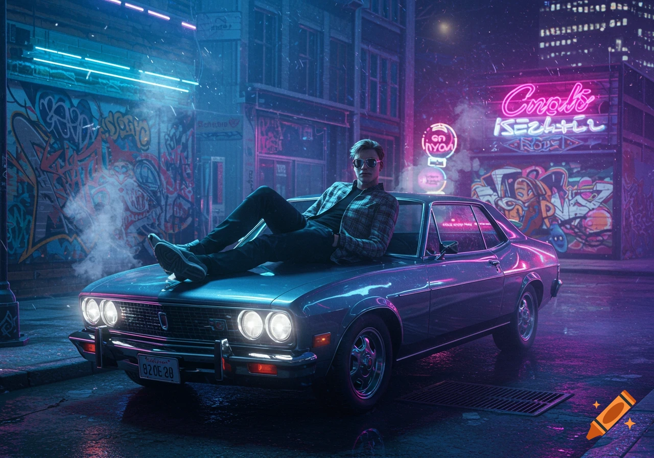 A man in sunglasses and a plaid shirt lies on a vintage car on a neon-lit cyberpunk city street at night, with graffiti on the walls.