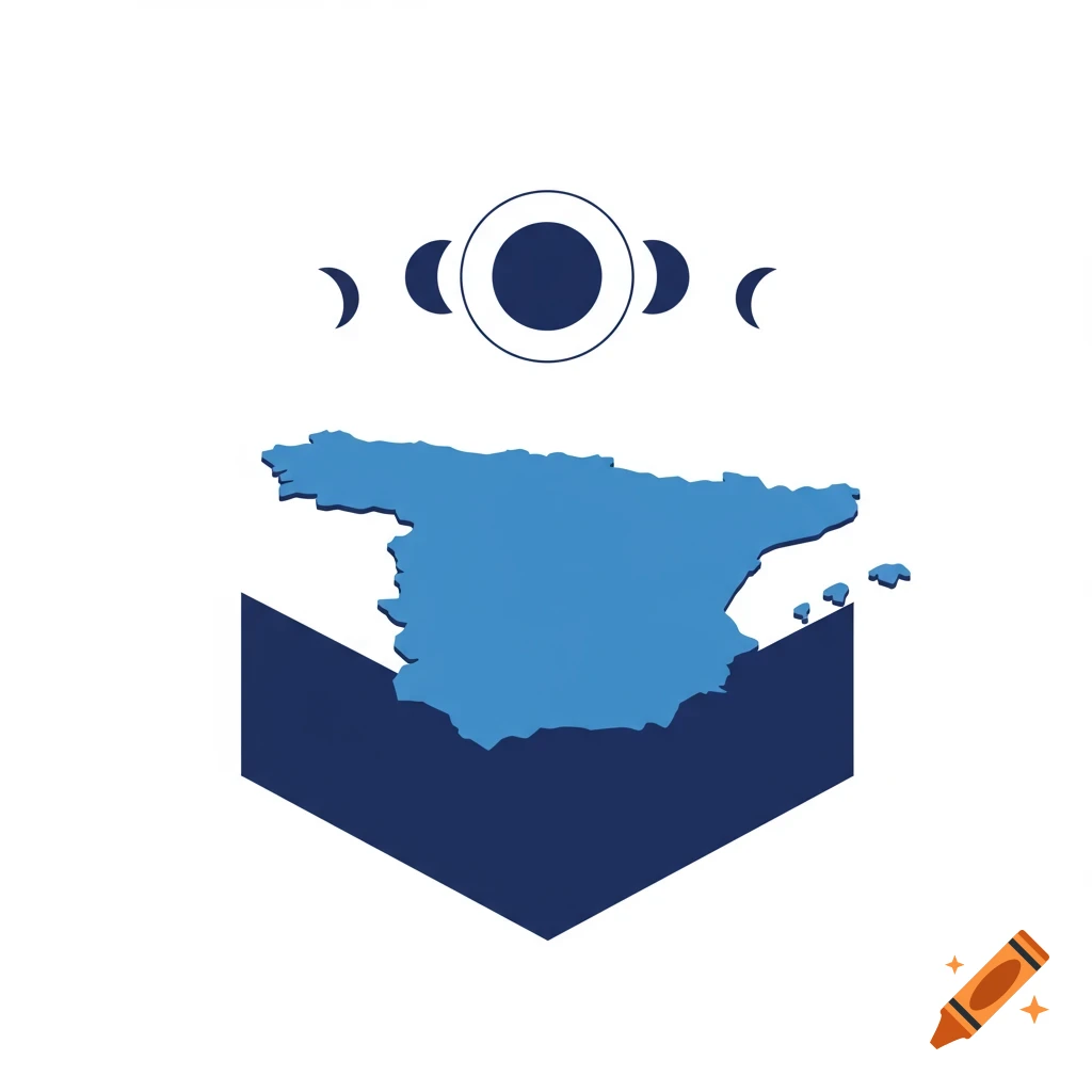 Minimalist vector illustration of a blue Iberian Peninsula map with moon phases above, on white.