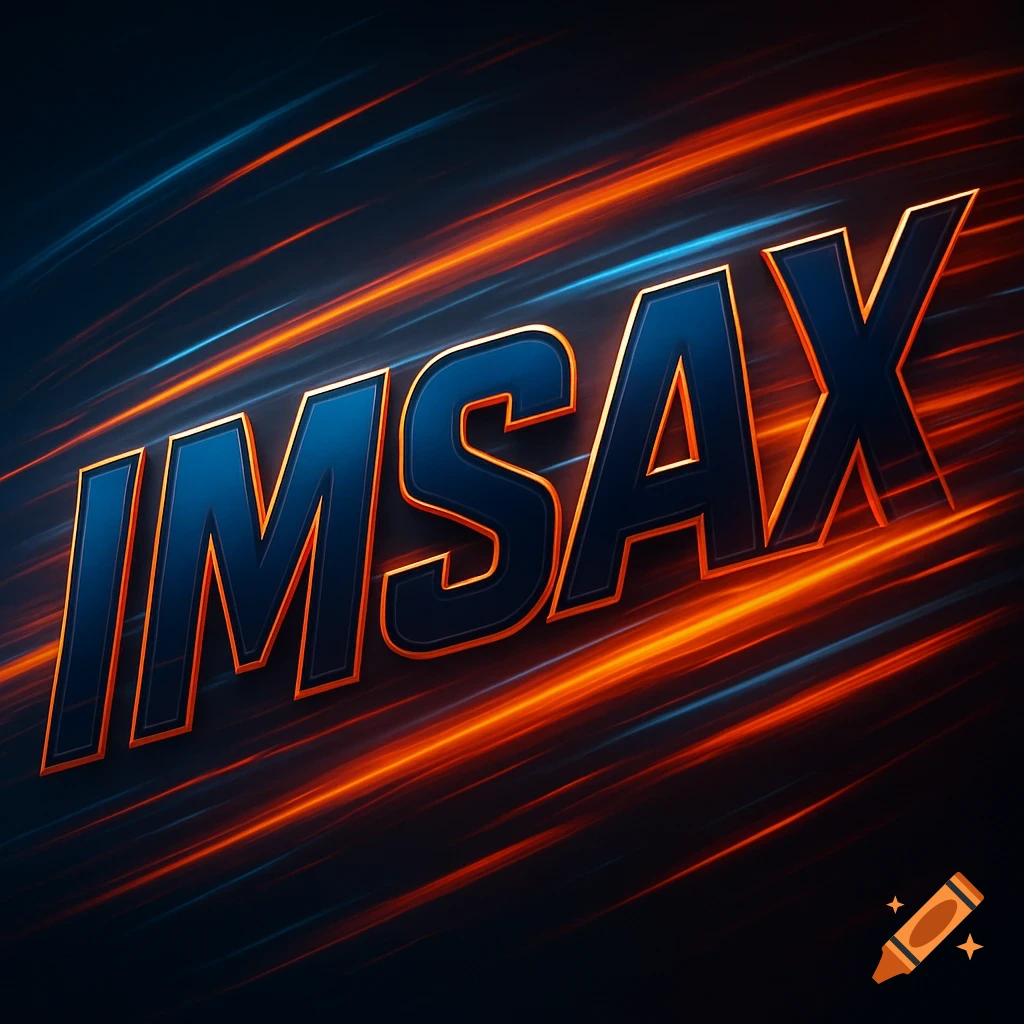3D text 'IMSAX' in blue with orange outline, against a dark background with dynamic orange and blue light streaks.