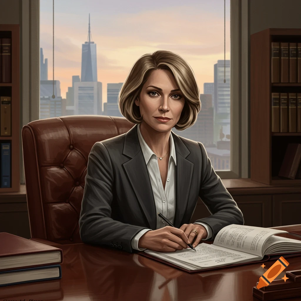 A professional woman with a bob haircut sits at a desk, writing on documents, with a city skyline visible through a window.