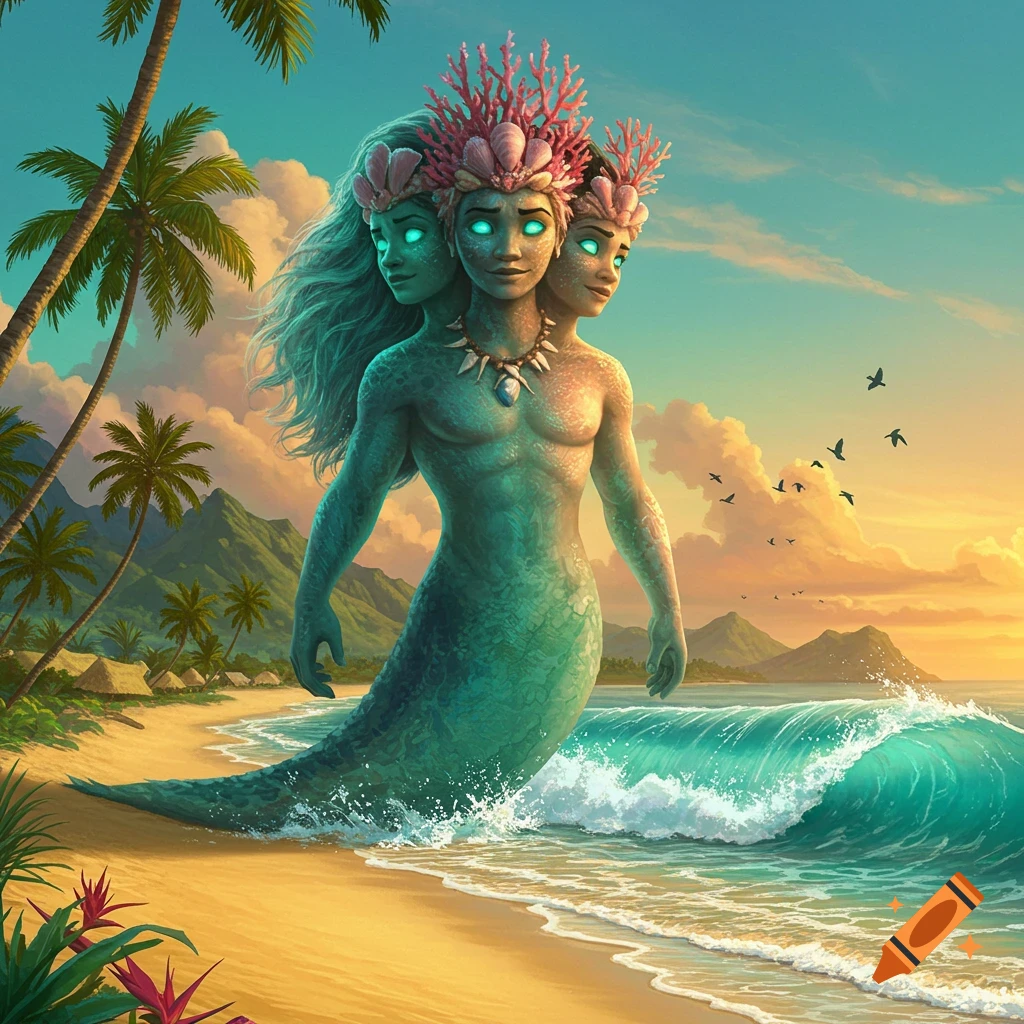 A three-headed turquoise mermaid creature with glowing eyes, coral crowns, and a shell necklace stands in shallow water on a tropical beach at sunset.