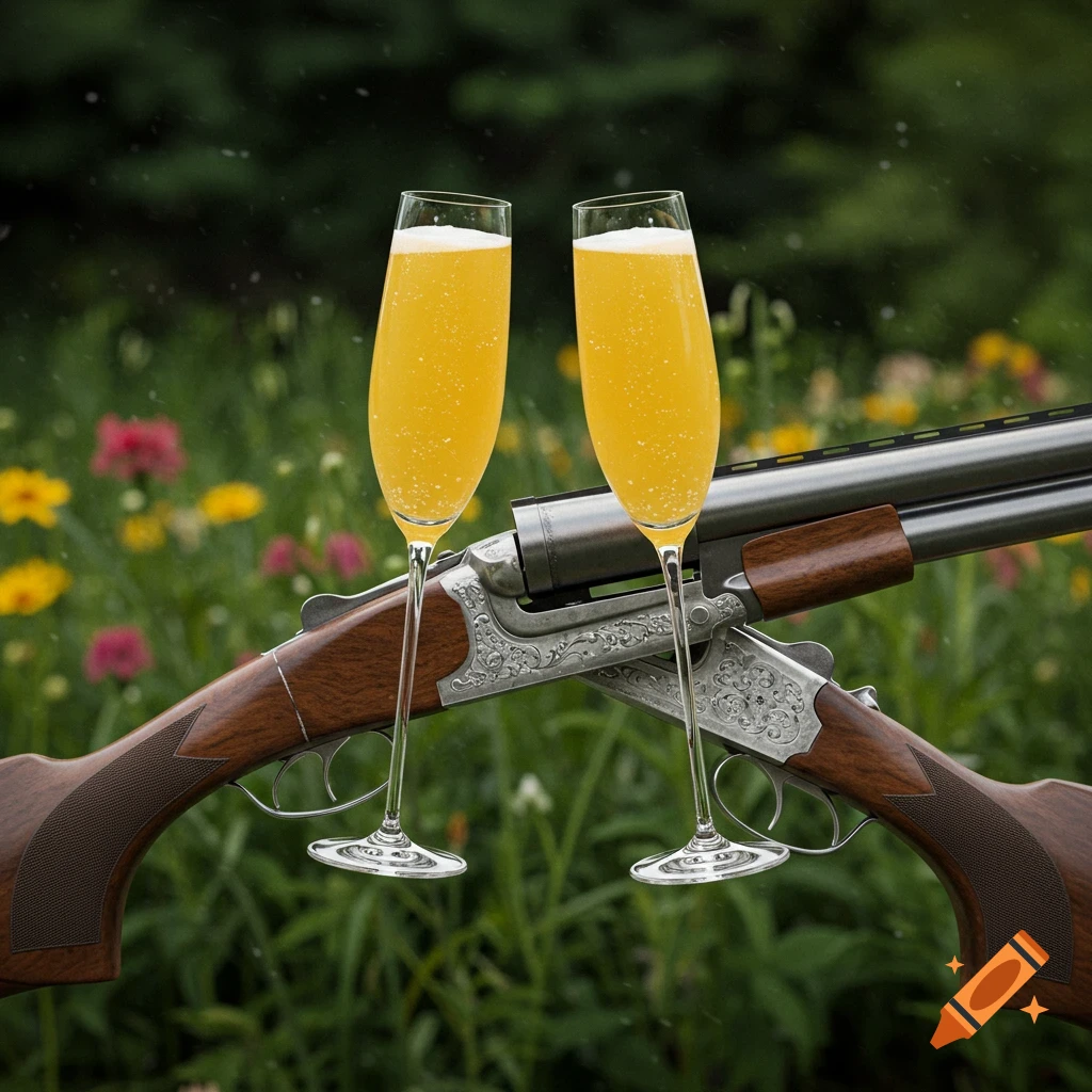 Two champagne flutes with mimosas balance on a double-barrel shotgun in a lush garden setting. Photorealistic.