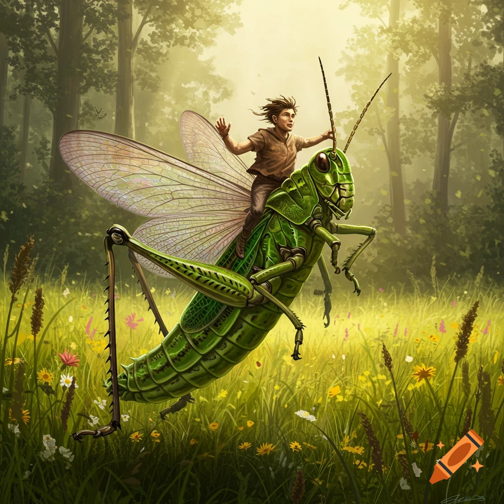 Young boy riding a large green grasshopper with wings, flying over a sunny meadow with wildflowers and trees.