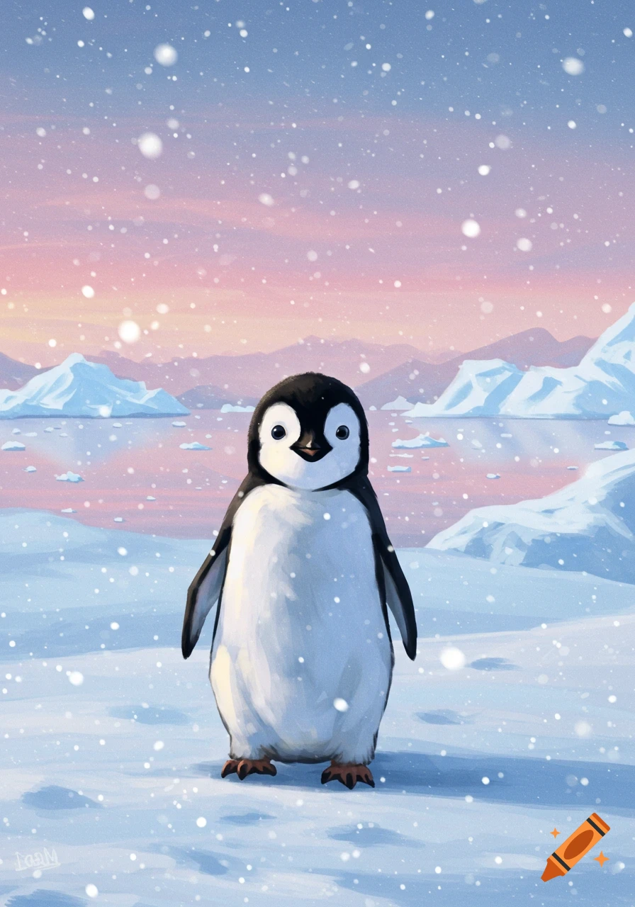 A cute, stylized baby penguin stands in a snowy arctic landscape with icebergs and a pink-blue sky, fluffy snow falling.