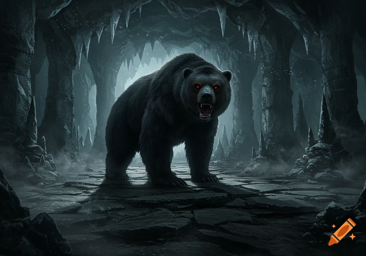 A powerful black bear with glowing red eyes roars in a dark, icy cave filled with stalactites and mist, digital painting.