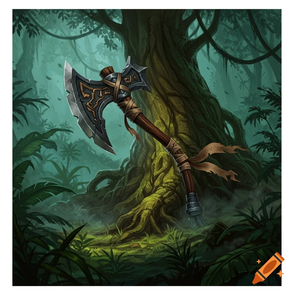 A stylized, ornate battle-axe with a ribbon around its handle, leaning against large tree roots in a lush, dark jungle. Illustrated in a fantasy art style.