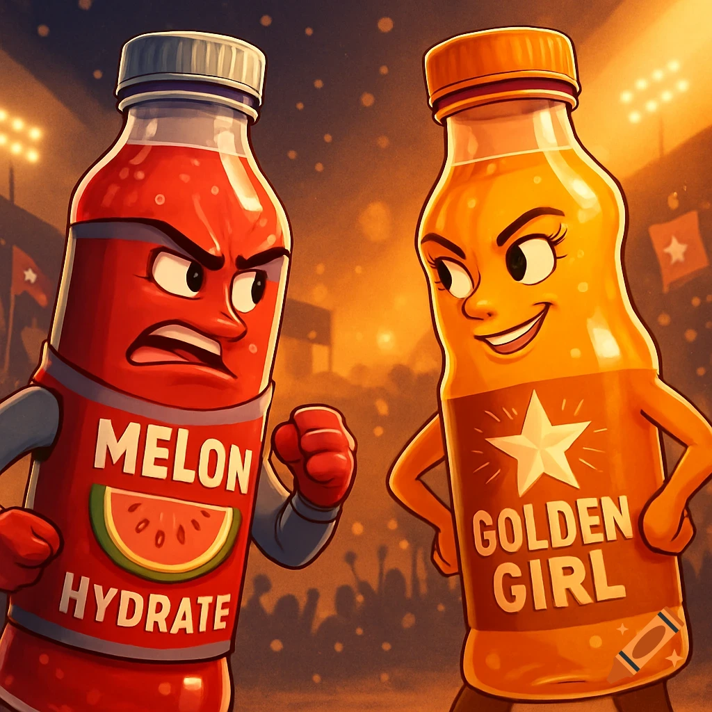 Two cartoon juice bottles, a red angry 'Melon Hydrate' and a smiling orange 'Golden Girl', face off in a stadium.