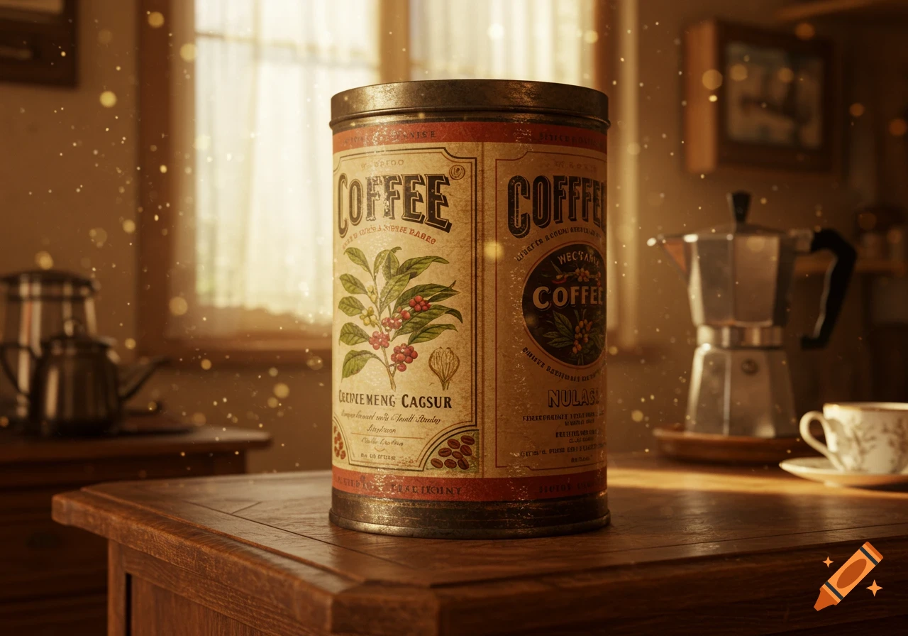 A vintage coffee can sits on a wooden table in a warm, sunlit room, with a moka pot and a cup in the background.