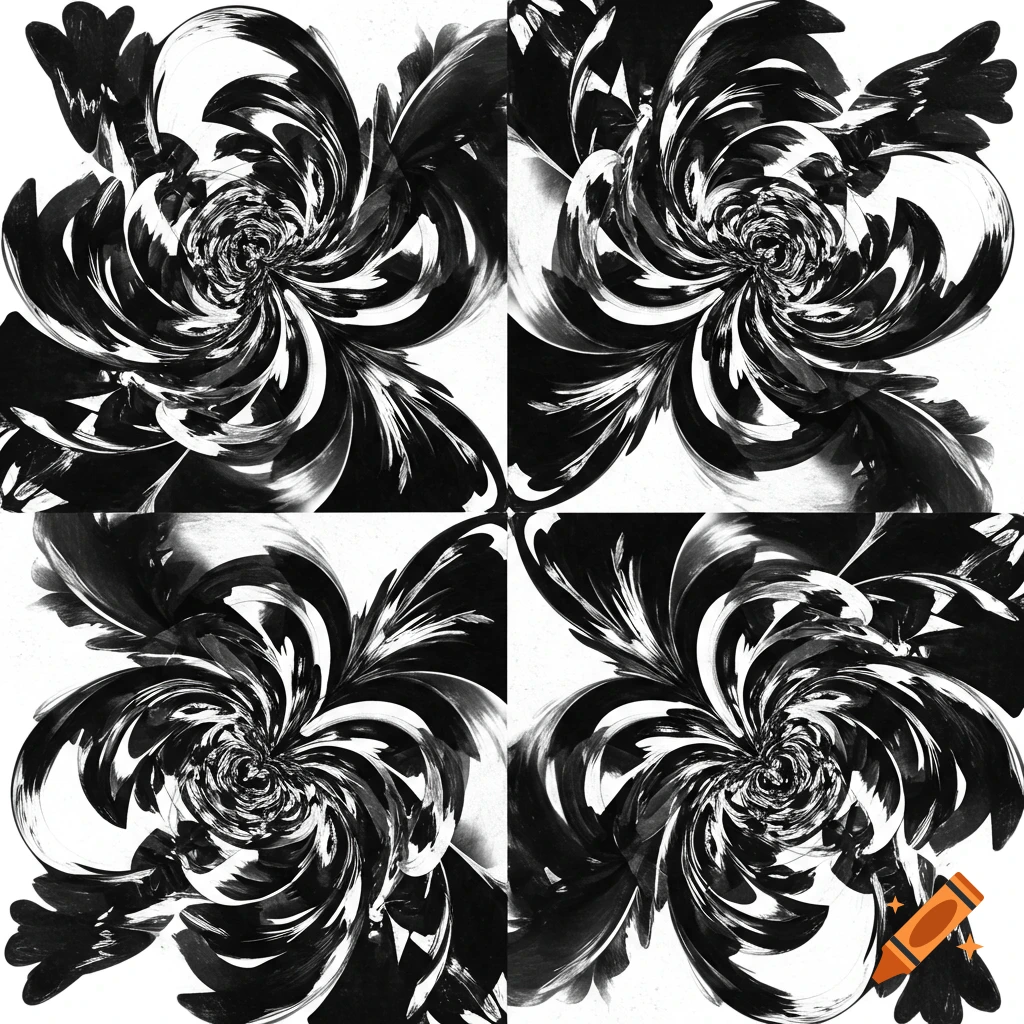 Black and white abstract image featuring four swirling, radial patterns on a white background.
