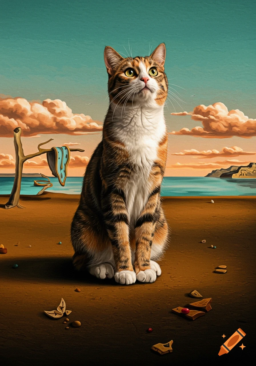 A calico cat sitting in a surreal, Dali-esque desert landscape with a melting clock on a tree and the ocean in the distance.