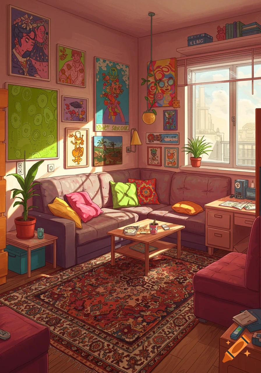 Colorful and cozy living room with a large L-shaped couch, coffee table, and walls filled with framed artwork, in a bright, illustrative style.