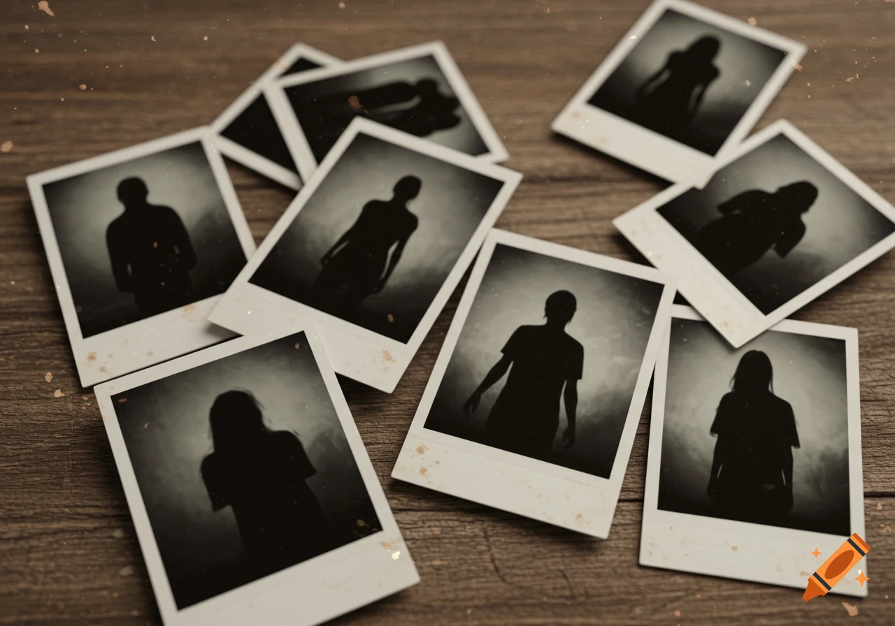 Scattered polaroid photos on a wooden table, each containing a black silhouette of a person against a smoky background, with a vintage filter.