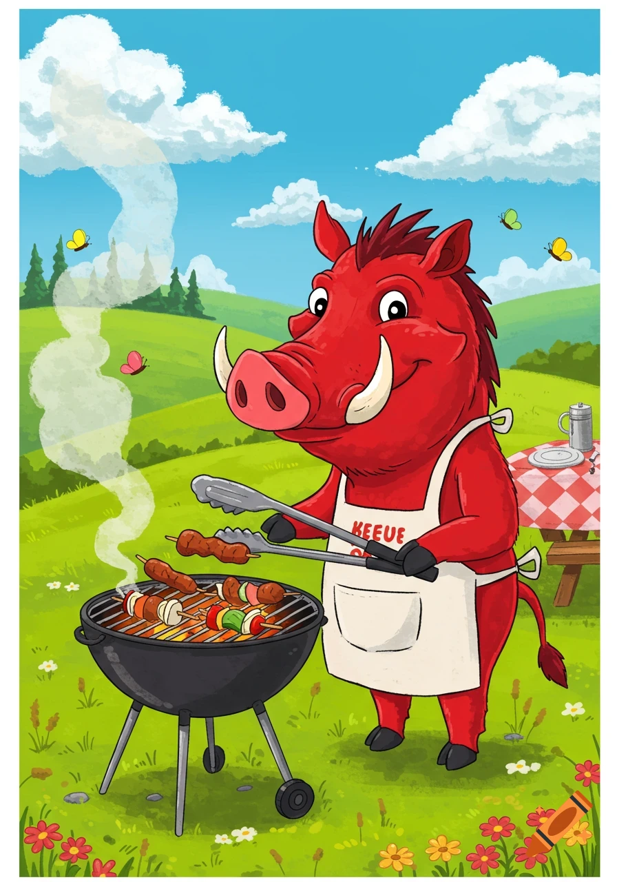 A happy red cartoon warthog wearing an apron grills sausages and vegetable skewers outdoors in a grassy field under a blue sky.