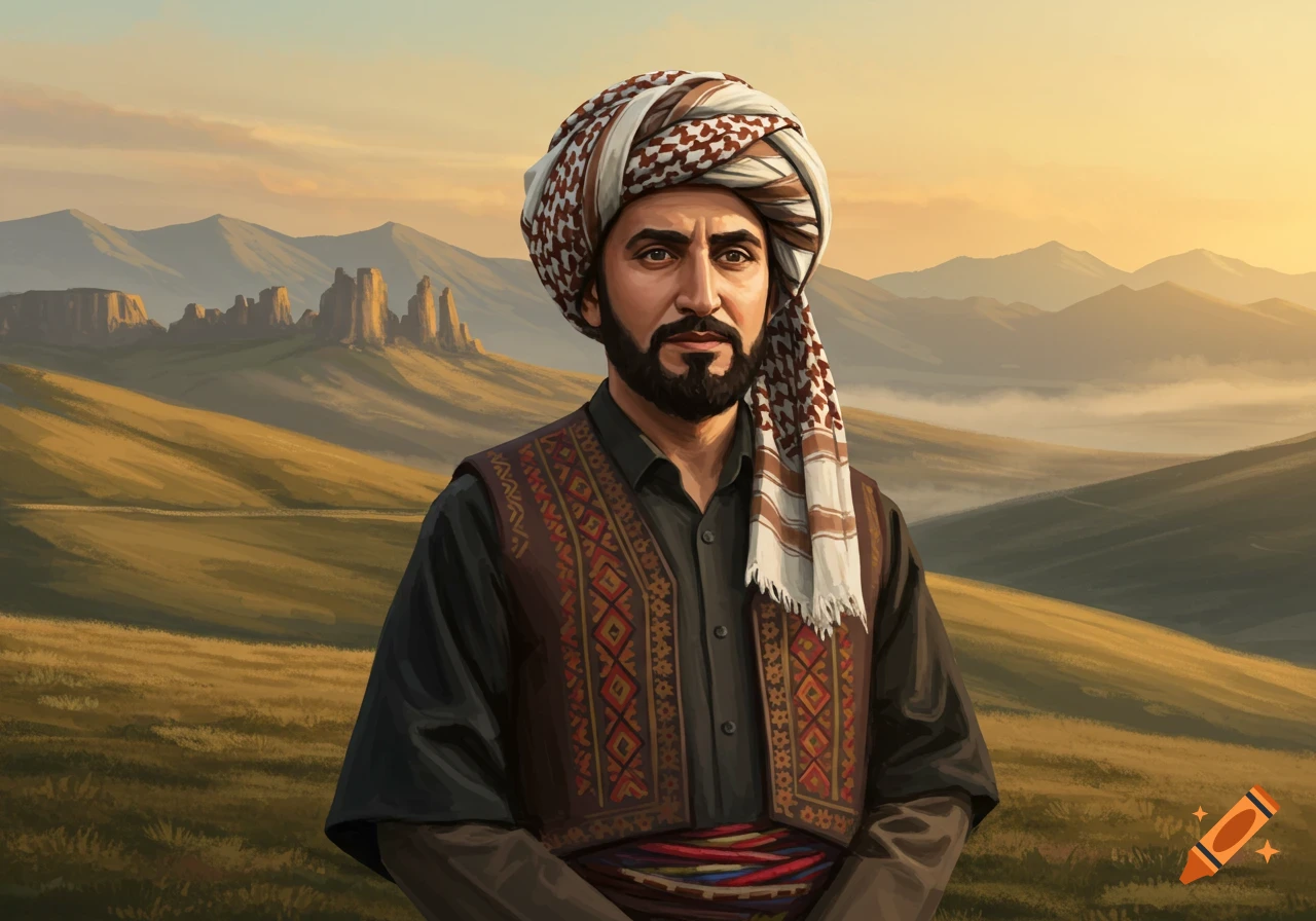 A bearded man in a patterned vest and turban stands in a mountainous landscape at sunset, illustrated.