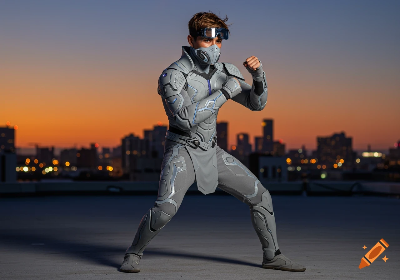 A person in grey futuristic armor, goggles, and face mask strikes a martial arts pose on a city rooftop at sunset.