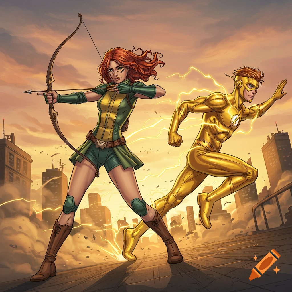 Red-haired female archer and golden male speedster pose in a city at sunset, surrounded by lightning in comic art style.