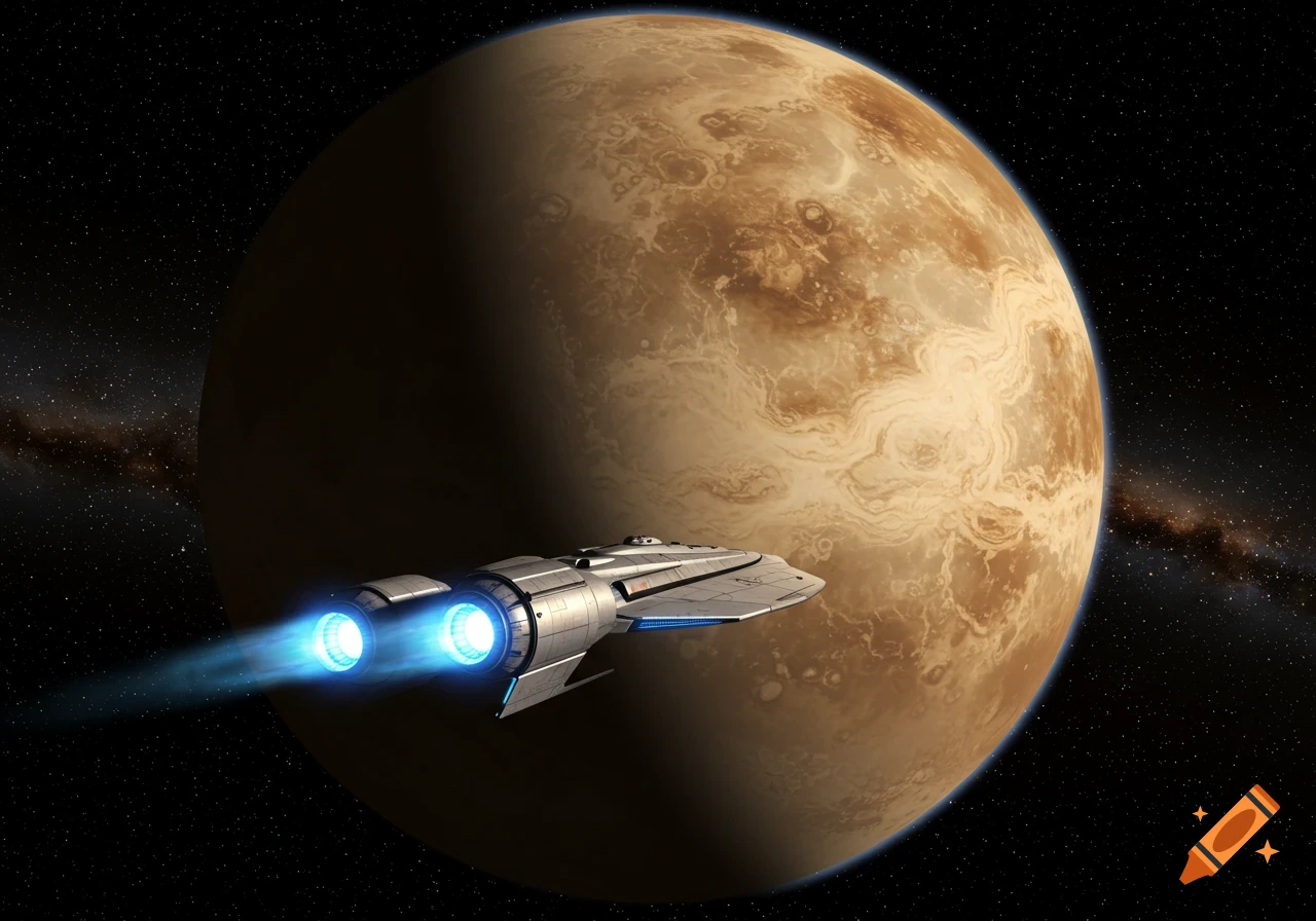 A sleek silver spaceship with glowing blue engines flies past a large, brown, cloudy planet (Venus) in space.