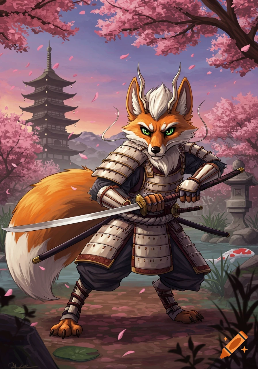 A cartoon fox in samurai armor stands holding a katana in a cherry blossom garden with a pagoda in the background.