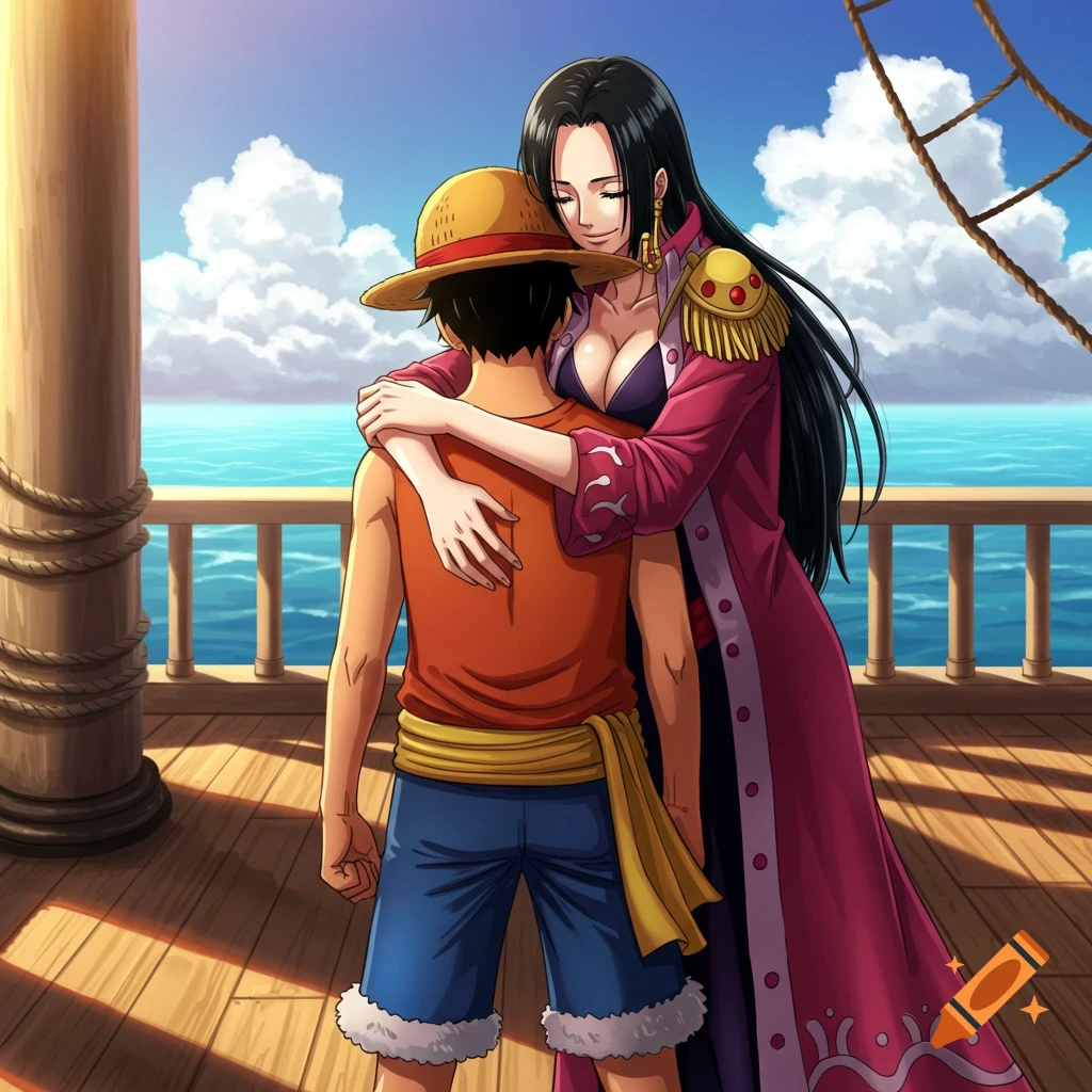 Anime illustration of Boa Hancock hugging Monkey D. Luffy from behind on a ship deck with the ocean in the background.