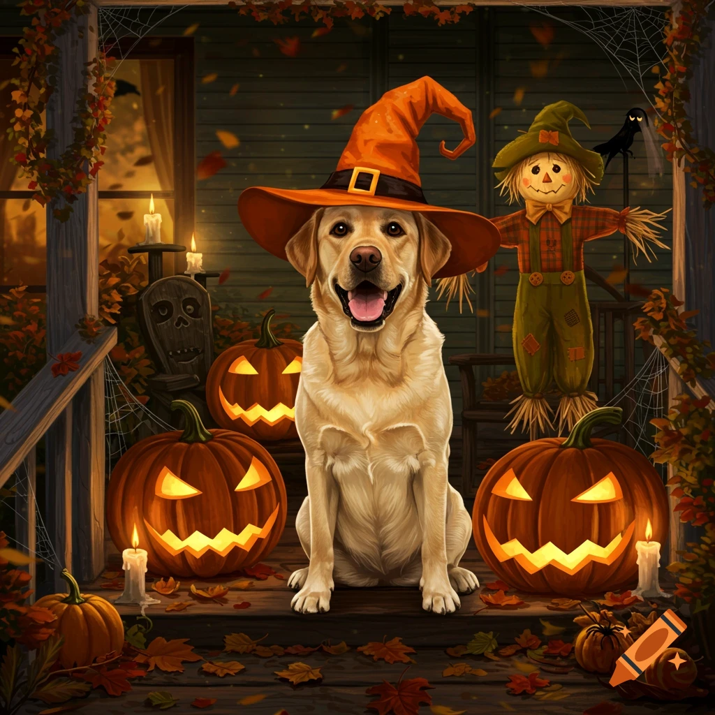 A yellow Labrador dog wears a witch hat, sitting on a porch decorated for Halloween with glowing jack-o'-lanterns, autumn leaves, and a scarecrow.