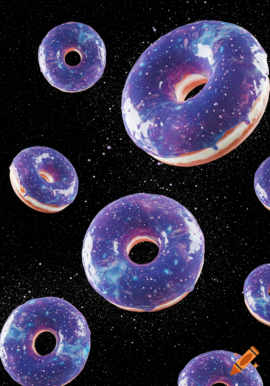Multiple galaxy-themed donuts with purple and blue icing floating in a starry black space background.