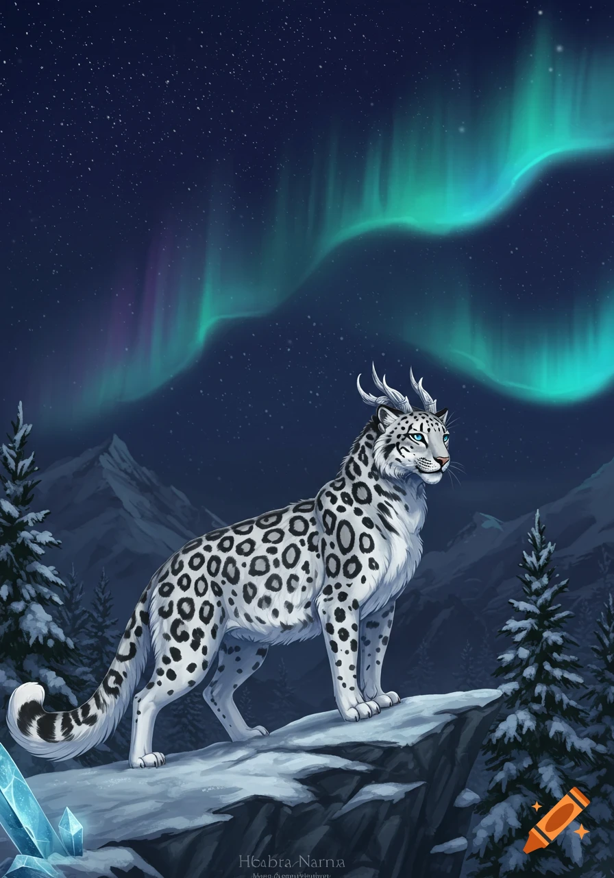 Horned snow leopard stands on a snowy rock under vibrant aurora borealis in a winter mountain landscape.