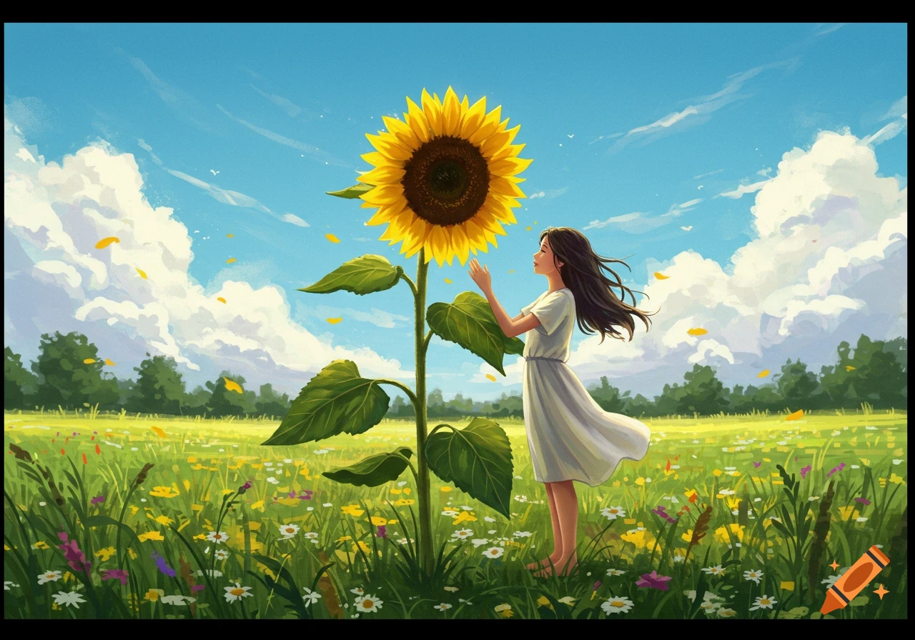 Illustrated scene of a girl in a white dress reaching towards a giant sunflower in a vibrant field of wildflowers under a bright blue sky.