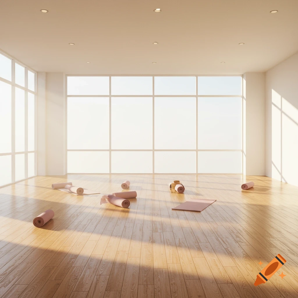 Bright, empty yoga studio with large windows, wooden floor, and scattered pink yoga mats in sunlight.