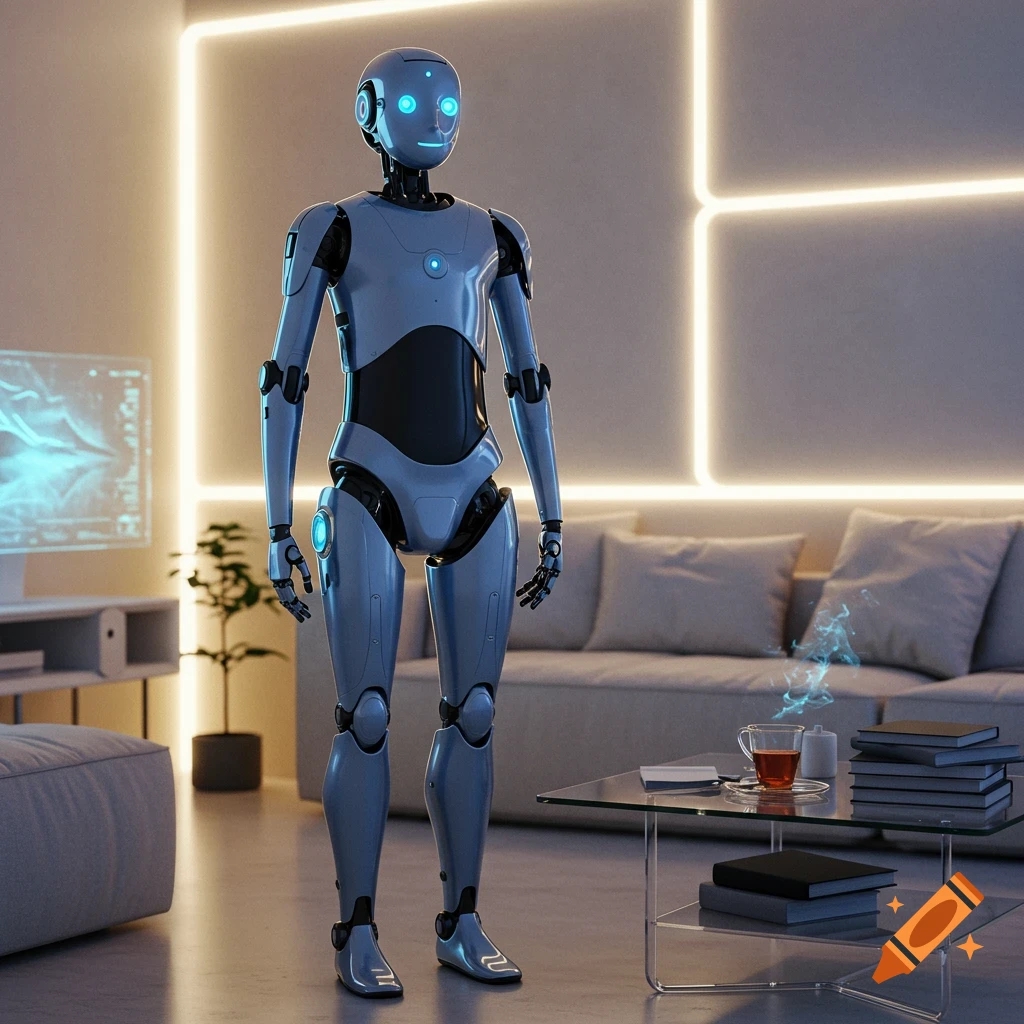 A metallic humanoid robot with glowing blue eyes stands in a futuristic living room with neon lighting.