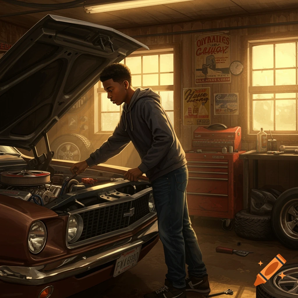 A semi-realistic digital painting of an African American teenage boy working on a vintage muscle car in a warm, dusty garage.