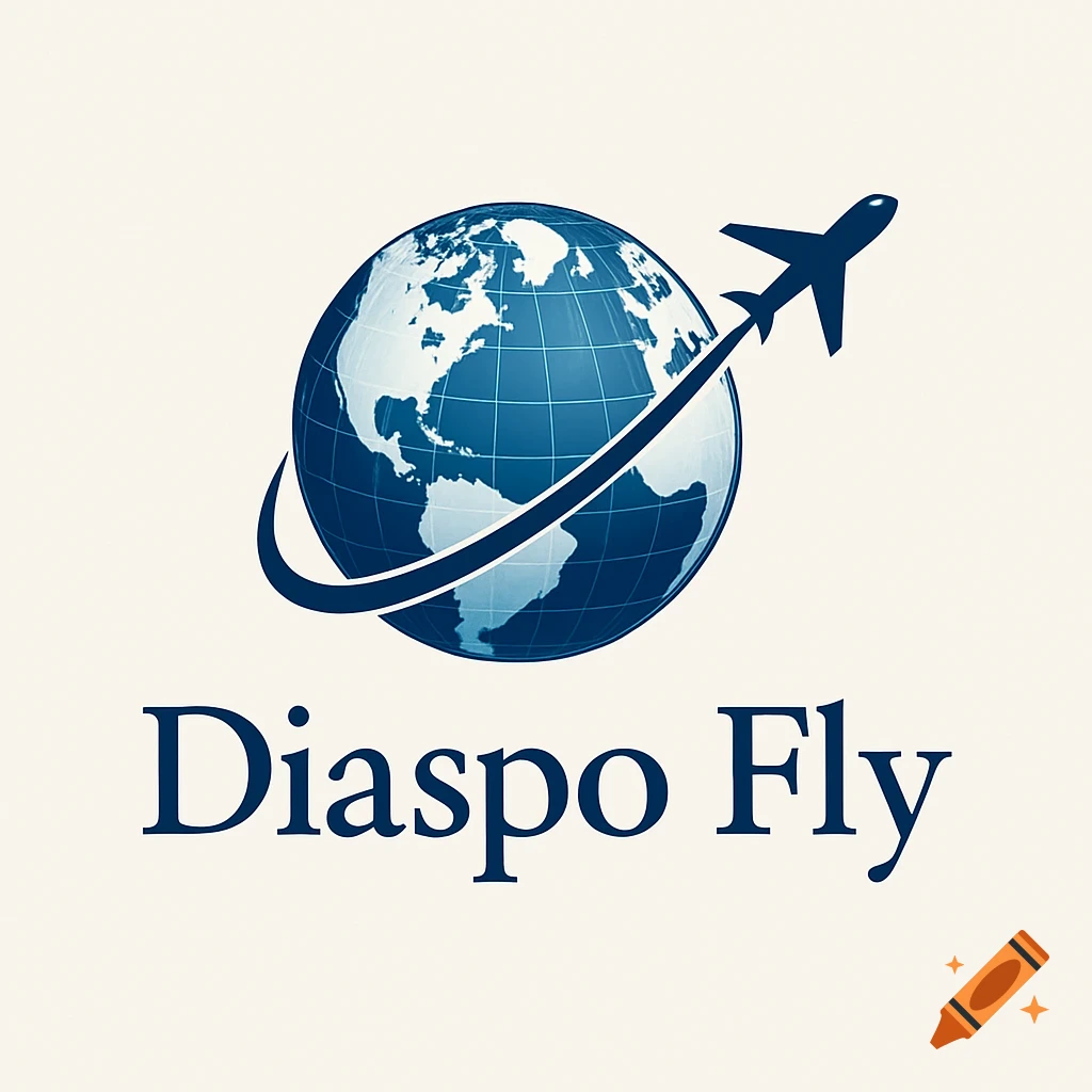 Professional blue and white logo with an airplane circling a globe and the text 'Diaspo Fly' below it.