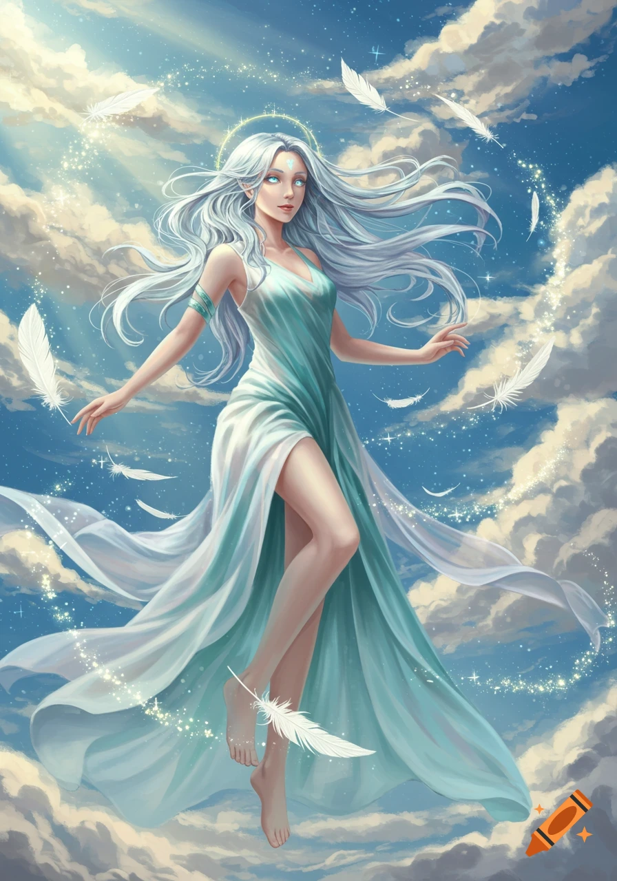 An ethereal goddess with long silver hair and a flowing teal and white gown floats among clouds with feathers and glowing light.