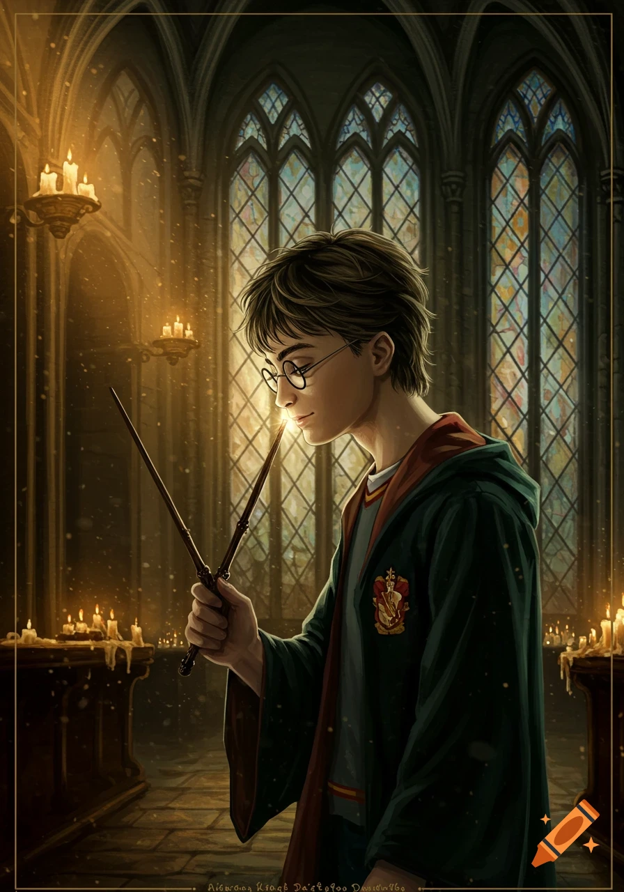 Harry Potter in a dark, candlelit gothic hall, holding two wands with one tip glowing, digital painting style.