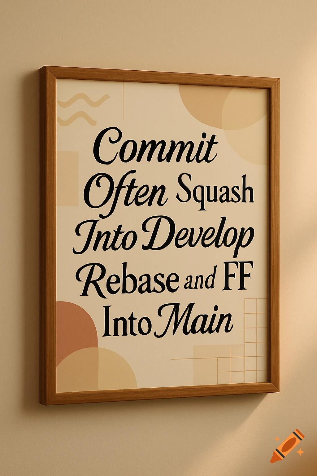 A framed poster on a beige wall featuring the text 'Commit Often Squash Into Develop Rebase and FF Into Main' in a decorative font, with abstract shapes in the background.